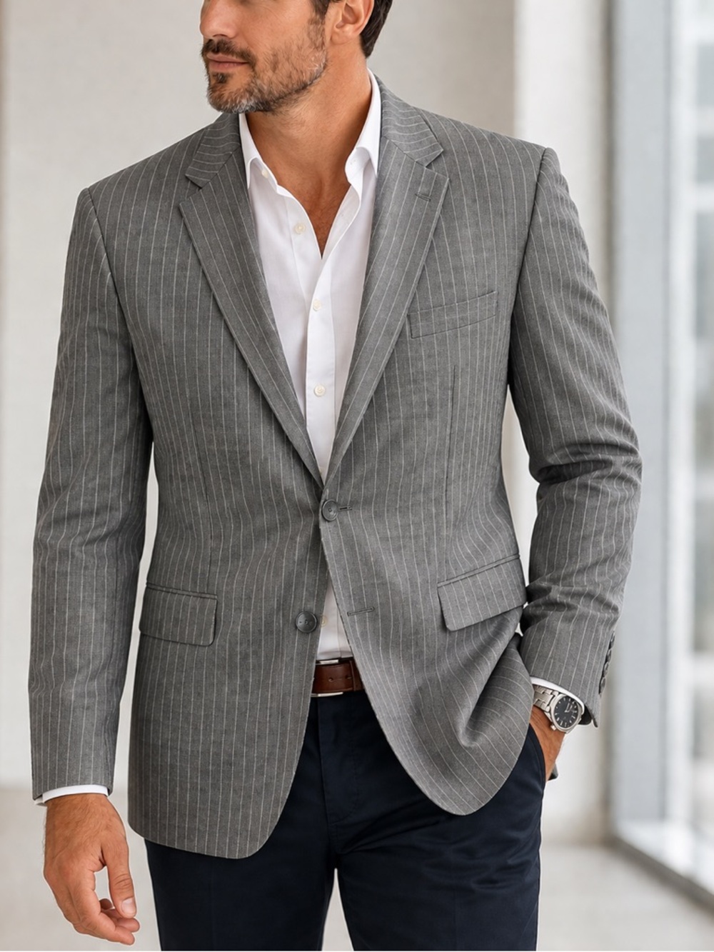 Vitale Barberis Canonico Gray Pinstripe Wool Blazer 48 Classic Fit
